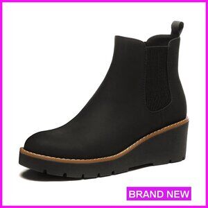 Chelsea Wedge Boots Slip-On Platform Lug Sole Ankle Booties Comfortable